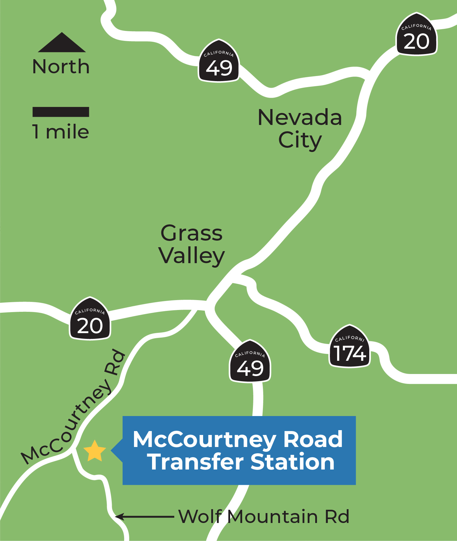 the mrts renovation project is located in nevada county south of nevada city and grass valley. travelling down Interstate 20 the station sits between McCourtney road and wolf mountain road